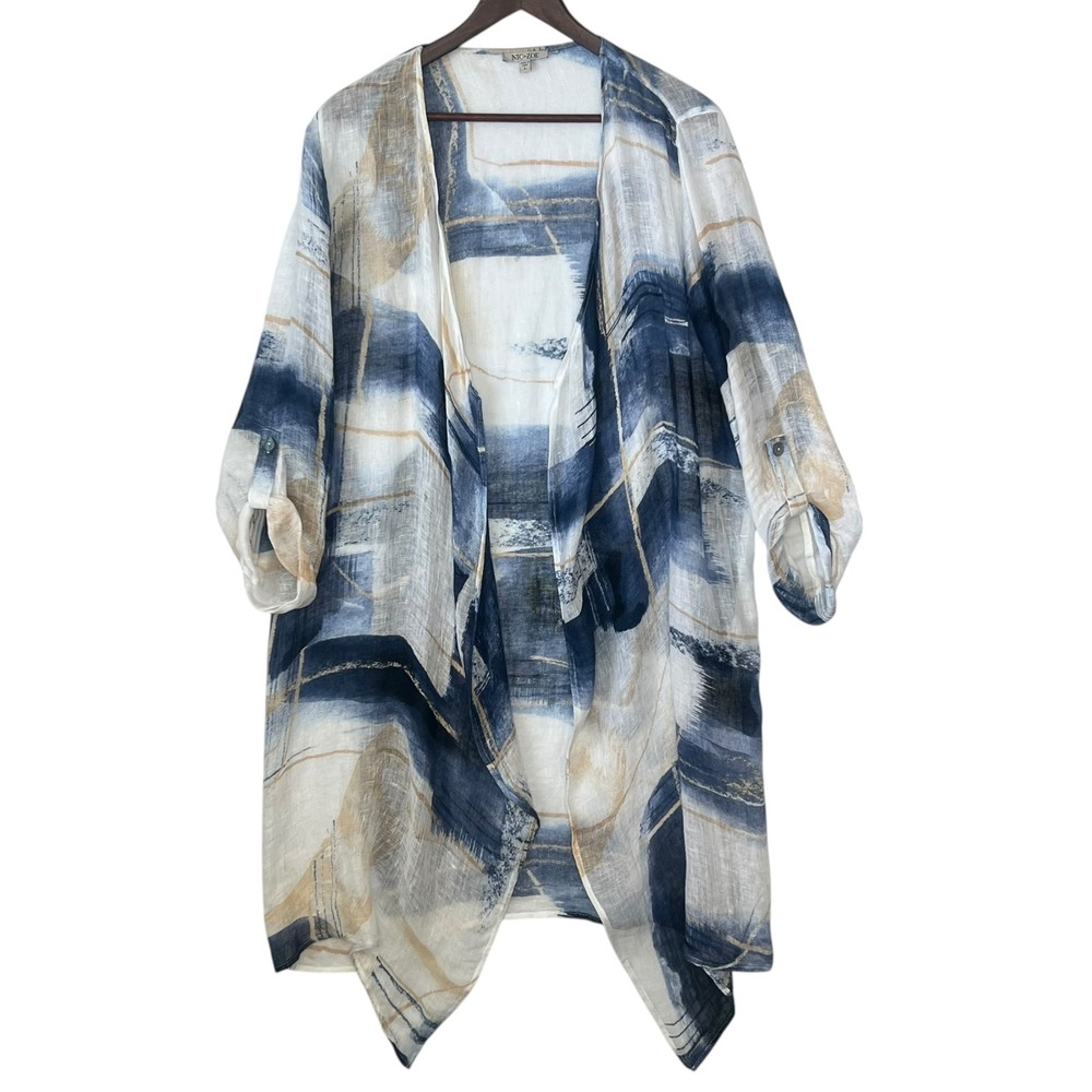 NIC+ZOE Cardigan L Blue 100% Linen Abstract Grid Open Front Art Lagenlook Gauze